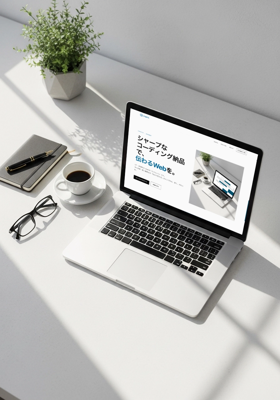 chan14 の制作デスク。MacBook の画面にワイヤーフレームが表示されている。
